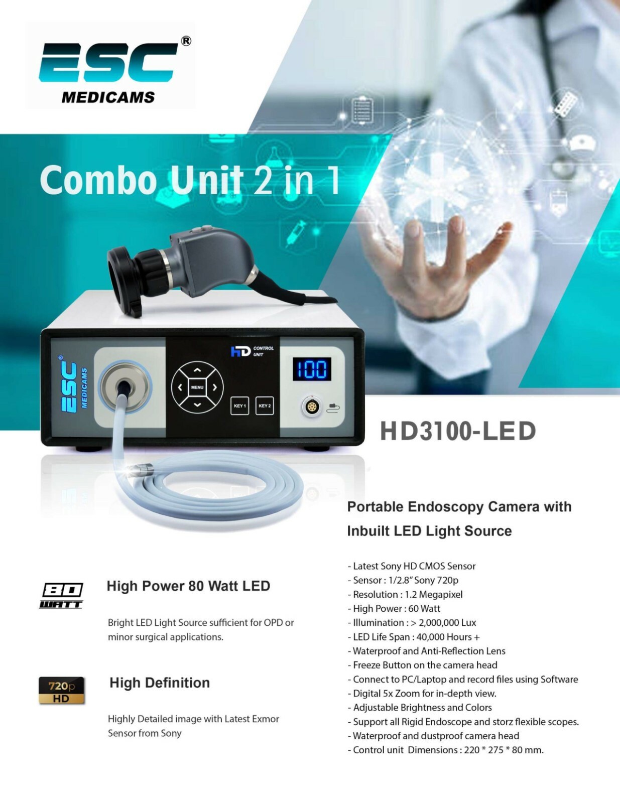 Portable Endoscopy Camera & Cold LED Light Source HD USB ENT Medical Endoscope