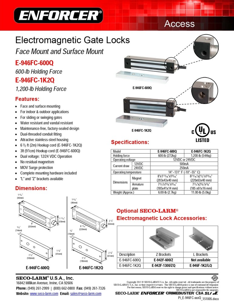 Seco-Larm E-946FC-600Q Electromagnetic Gate Lock, 600-lb Holding Force