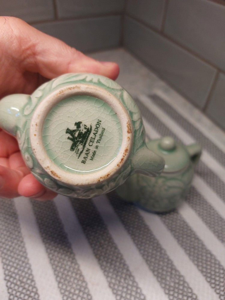Celadon Green 3 Piece Ceramic Condiment Set *Missing One Lid*