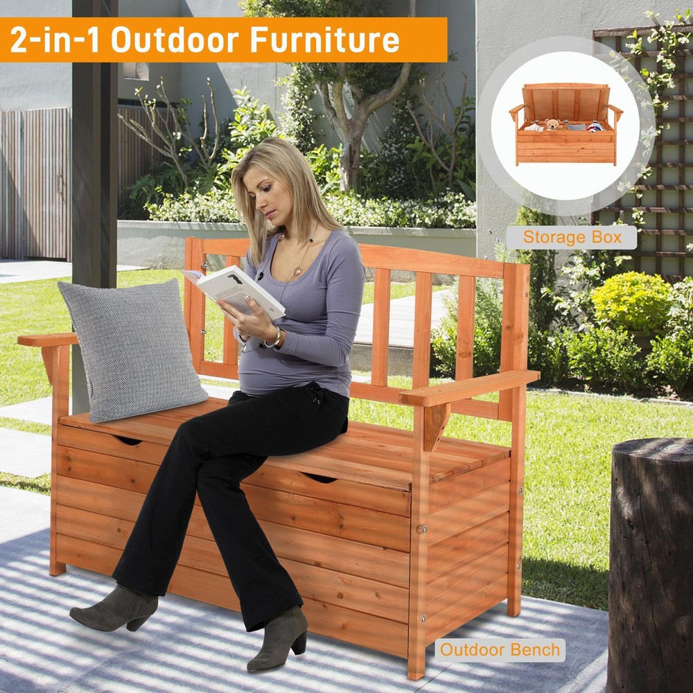 Yard Storage Bench Deck Box Wood Seating Container Tools Toys with Backrest
