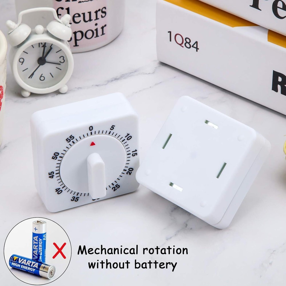 1/2x Square 60-minute Mechanical Kitchen Timer Battery-free Learning Alarm Clock