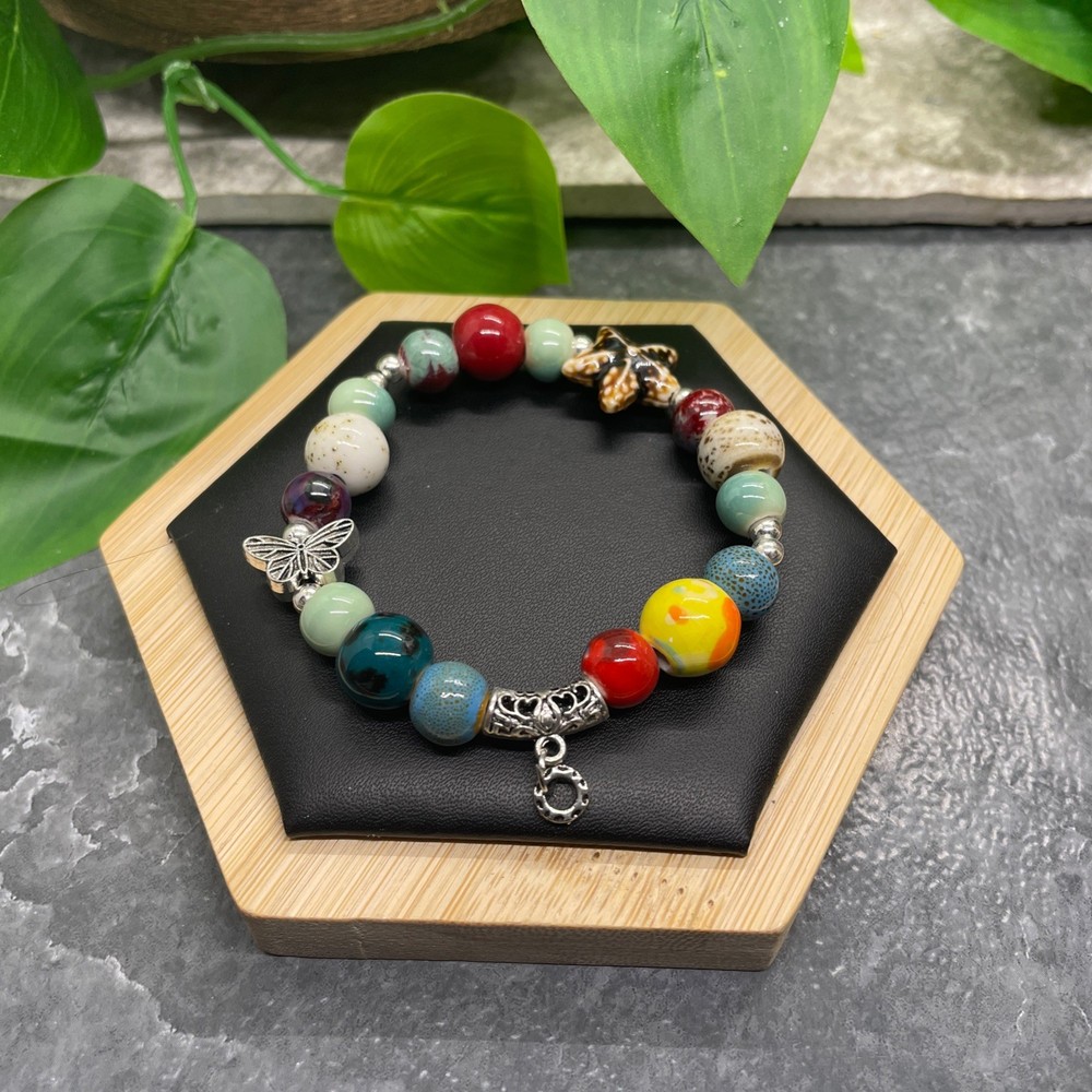 Handmade Ceramic Bead Beaded Stackable 6.25” Plus Stretch Bracelet New B495