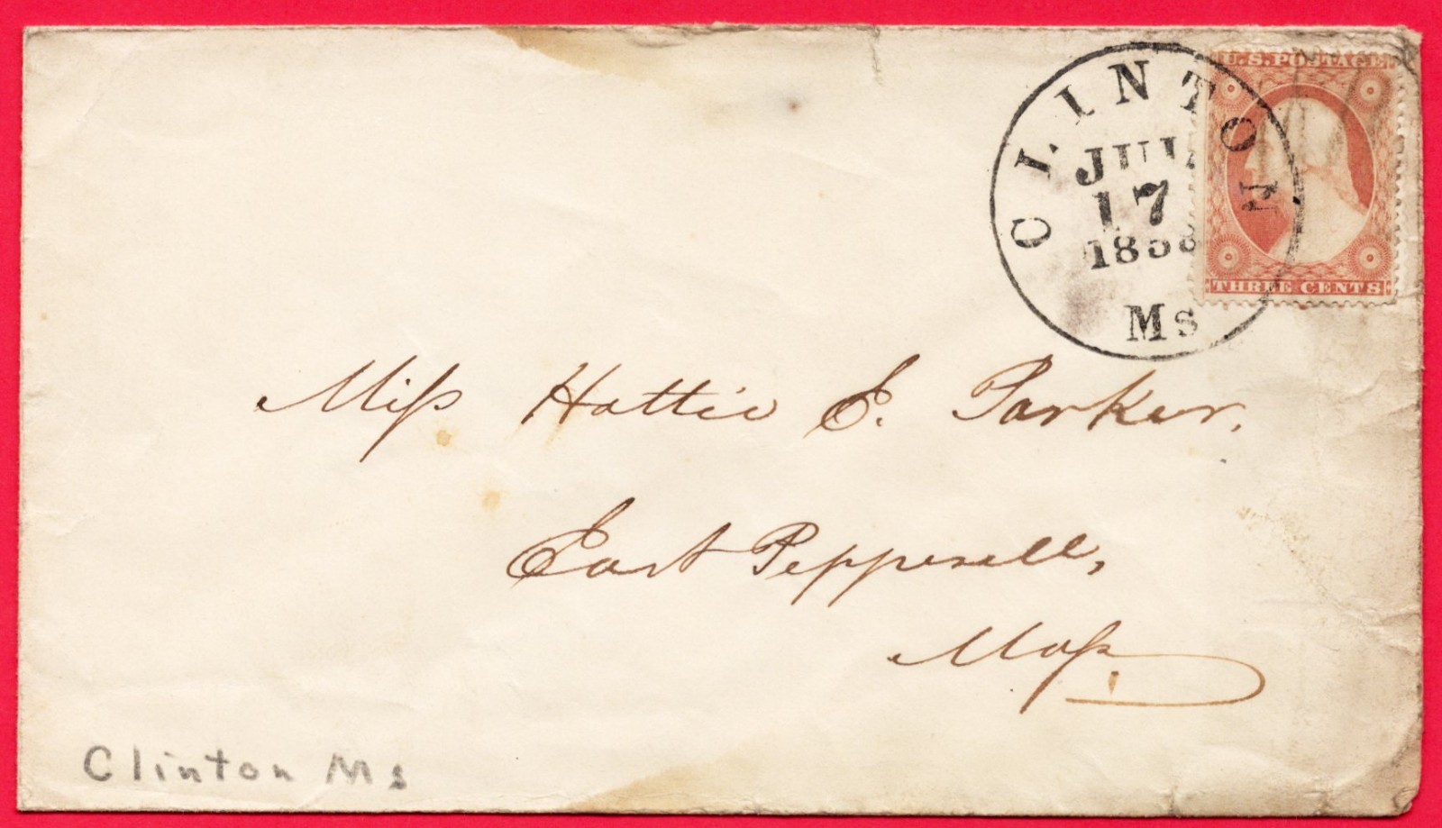U.S. Scott : 26 with circle cancel :  Clinton, Ms. ( 1858 )  /  MB- 746