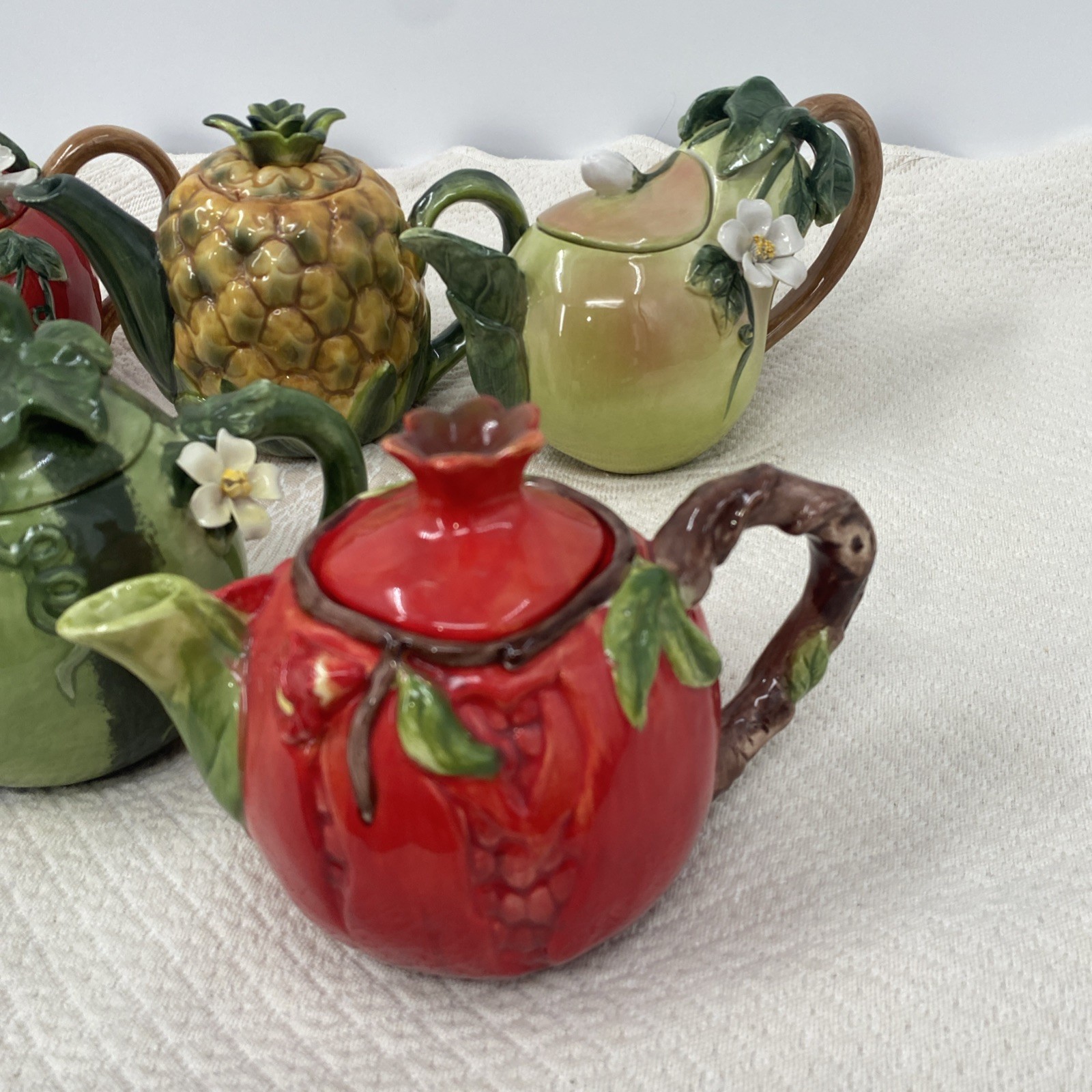 Vtg Lot 6 Ceramic Fruit Teapots: pair, Pineapple Peach Pomegranate & Watermelon