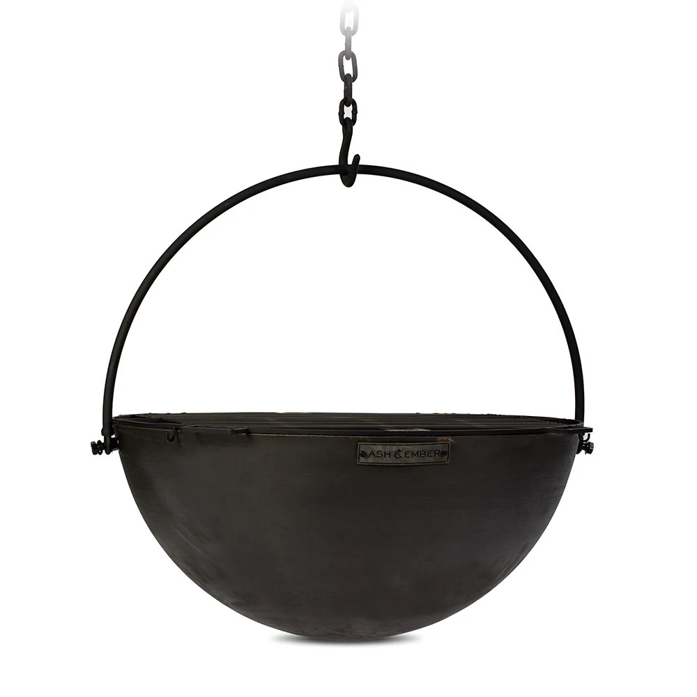 Ash & Ember 42" Cast Iron Cauldron Fire Pit Bowl with Double Hinged Grate