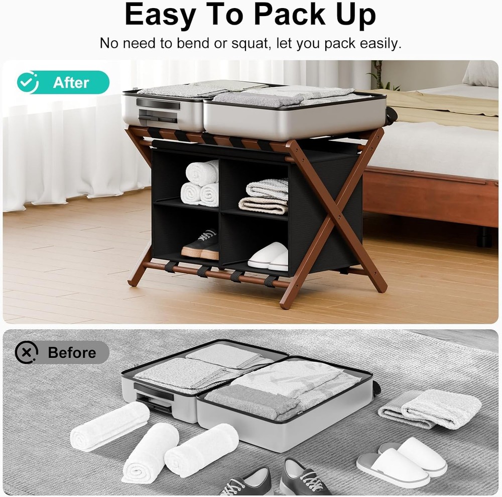 Bamboo Luggage Rack Foldable Suitcase Stand with 4 Storage Compartments