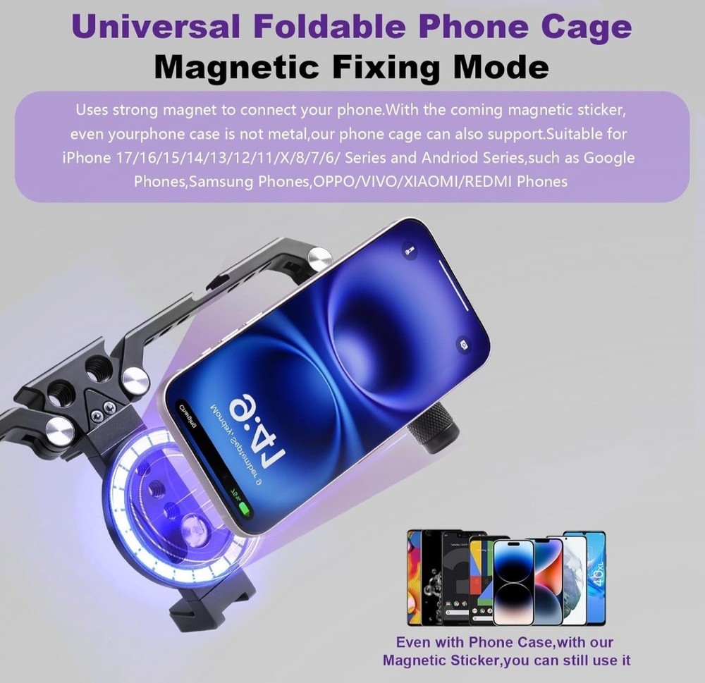 Foldable Phone Cage Stabilizer Magnetic Smartphone Rig & Handle - iPhone Android