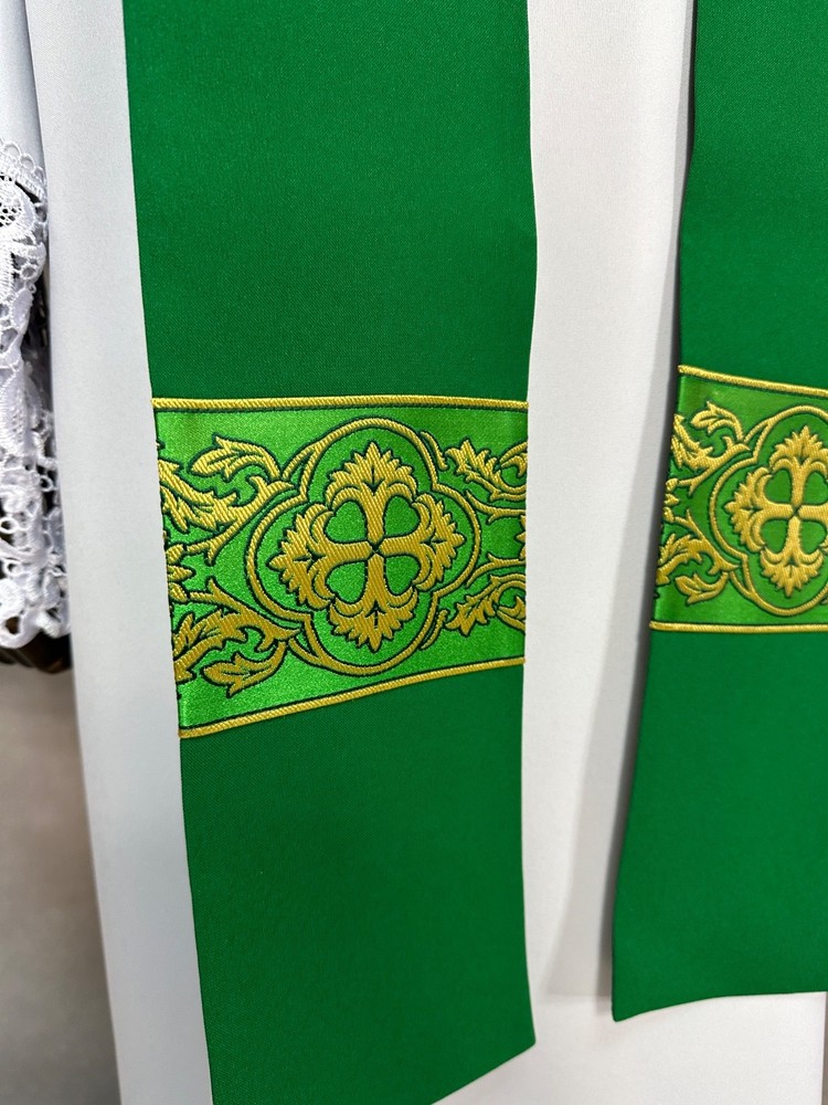 Two deacon Dalmatics + chasuble, open sides, green plain fabric, orphrey