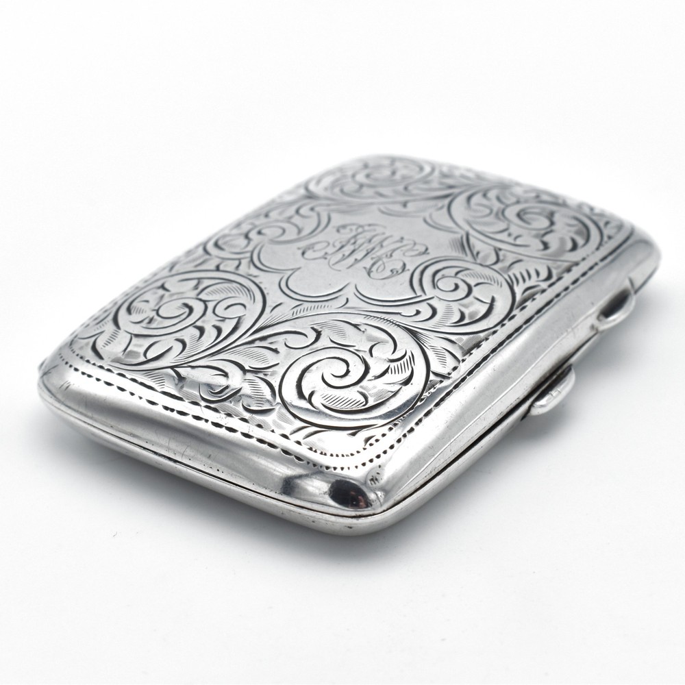 Antique Solid Silver Cigarette Case Pattern Engraved 1918 Curved Acanthus