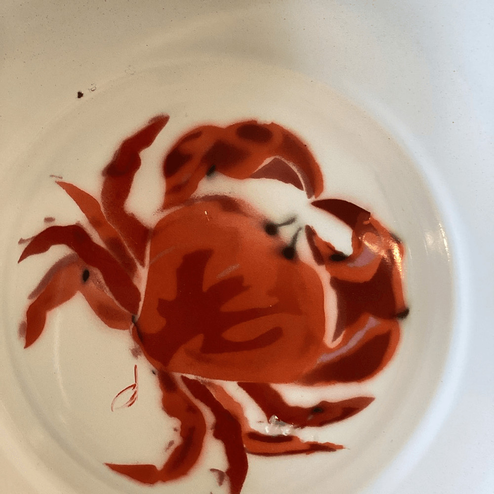 Large Crab Enamelware Bowl Pink White