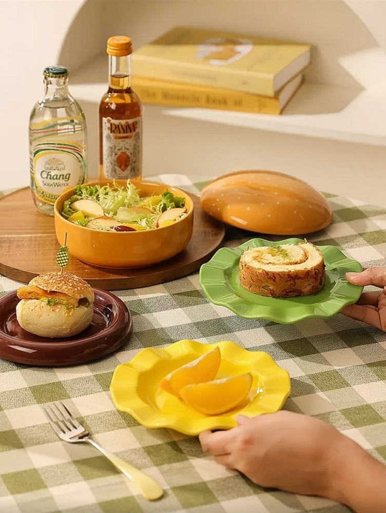 Ceramic Burger Plate Set - Stackable Fun Whimsical Dishes (Bun, Patty, Lettuce)