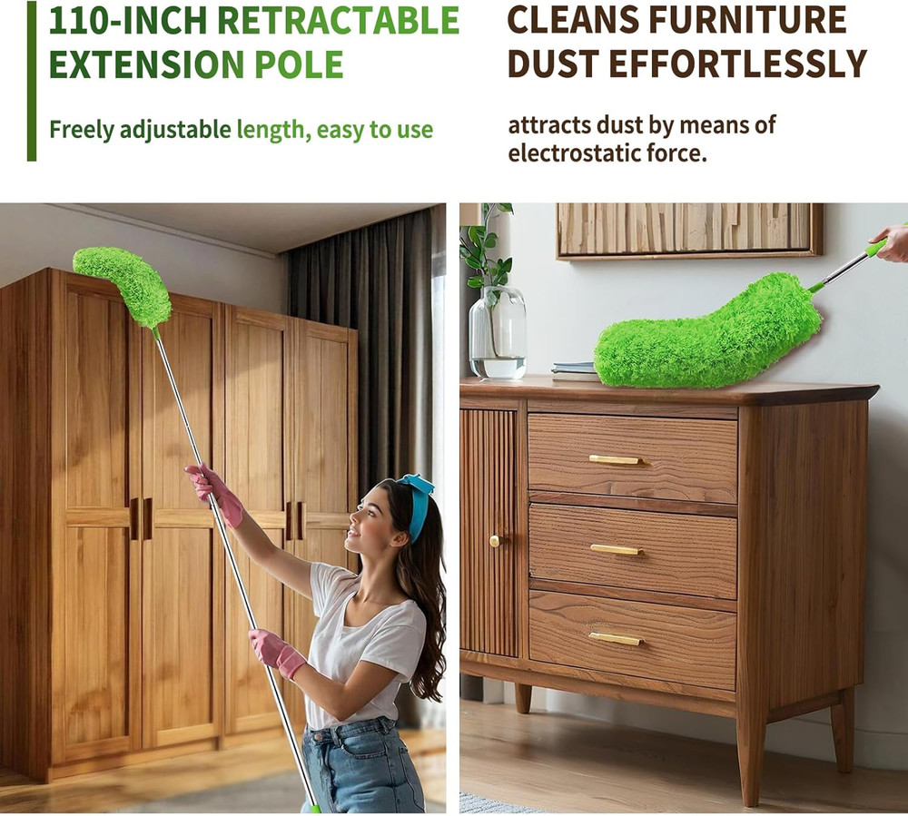Cobweb Duster with Extension Pole, Washable Cleaning Duster Set with 2 Duster He