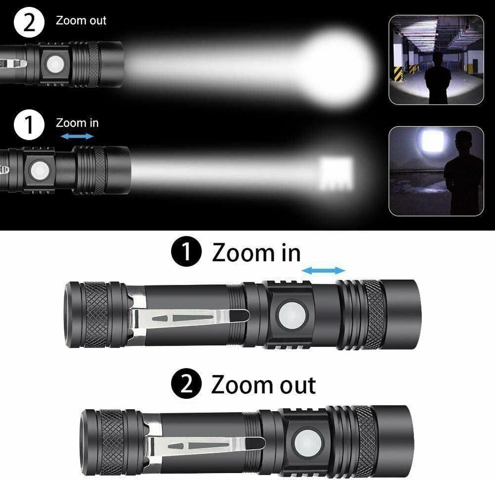Tactical Flashlight Rechargeable Super Bright Zoomable LED USB C IP65 2 Pack