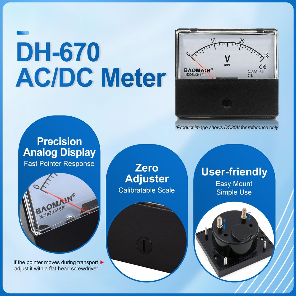 Baomain Voltmeter DH-670 AC 0-15V Rectangular Class 2.5 Analog Panel black