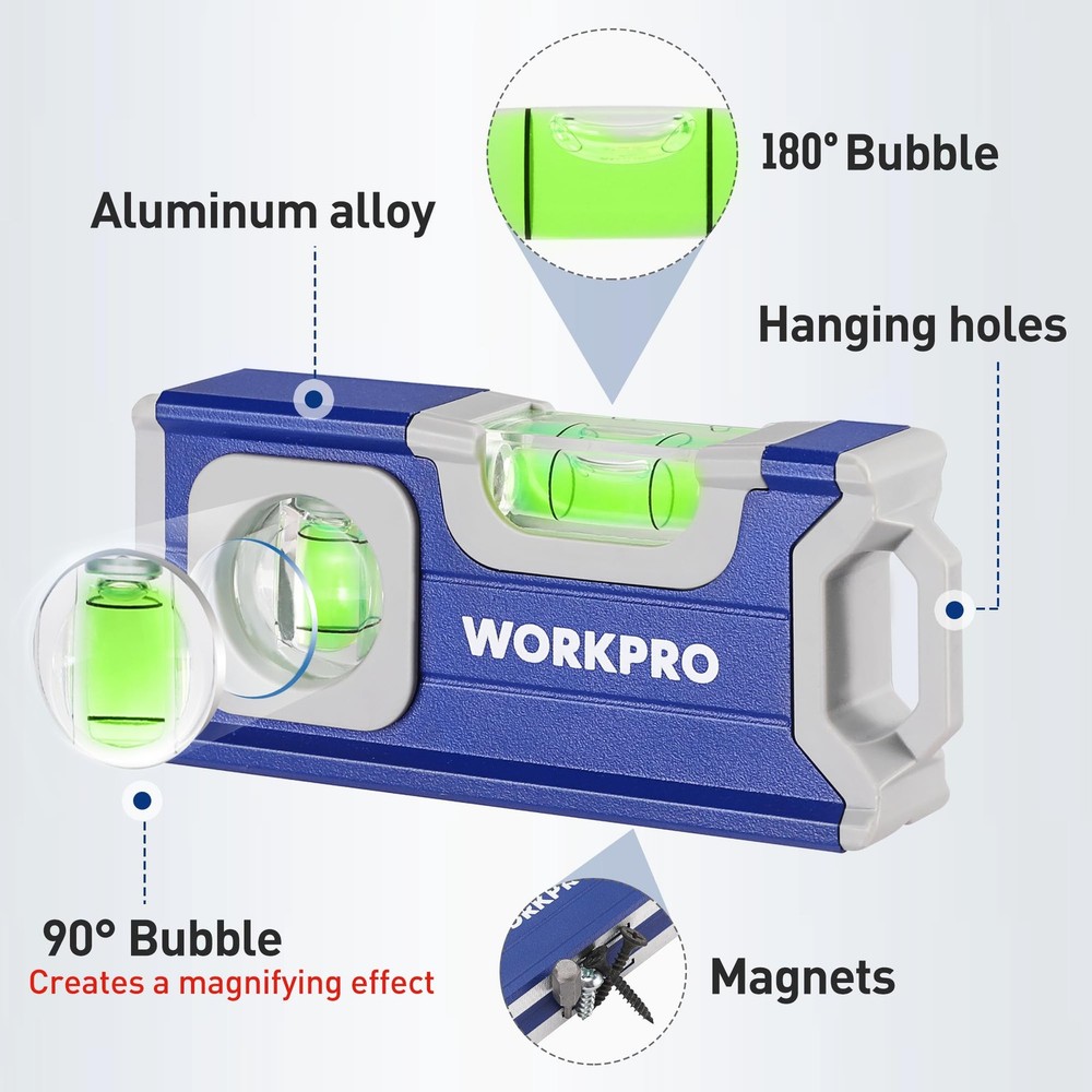 WORKPRO Small Level, 4-1/2 Inch Mini Level Tool, Magnetic Pocket Blue