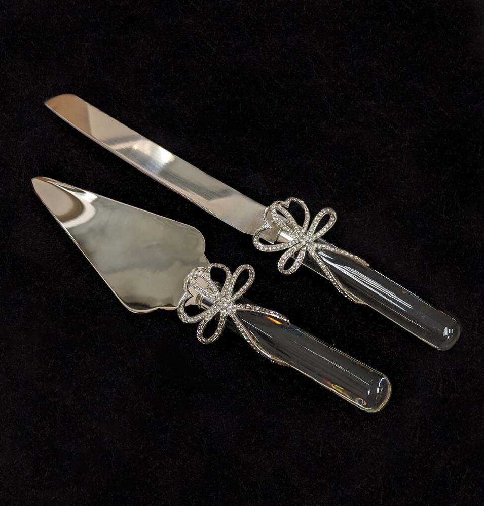 Bow design clear handle cake knife and server set