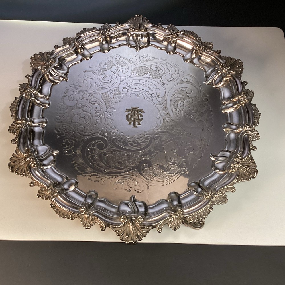 VTG Ornate Footed silver plated serving tray/platter Gorham MFG Co. Monogrammed