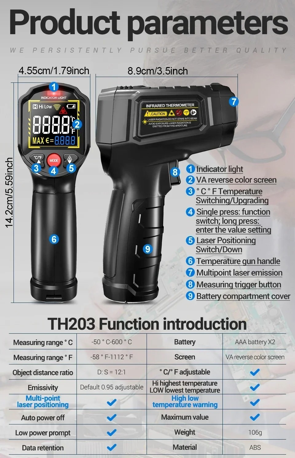 Infrared Thermometer LCD Digital Non-contact Laser IR Temperature Gun Temp Meter