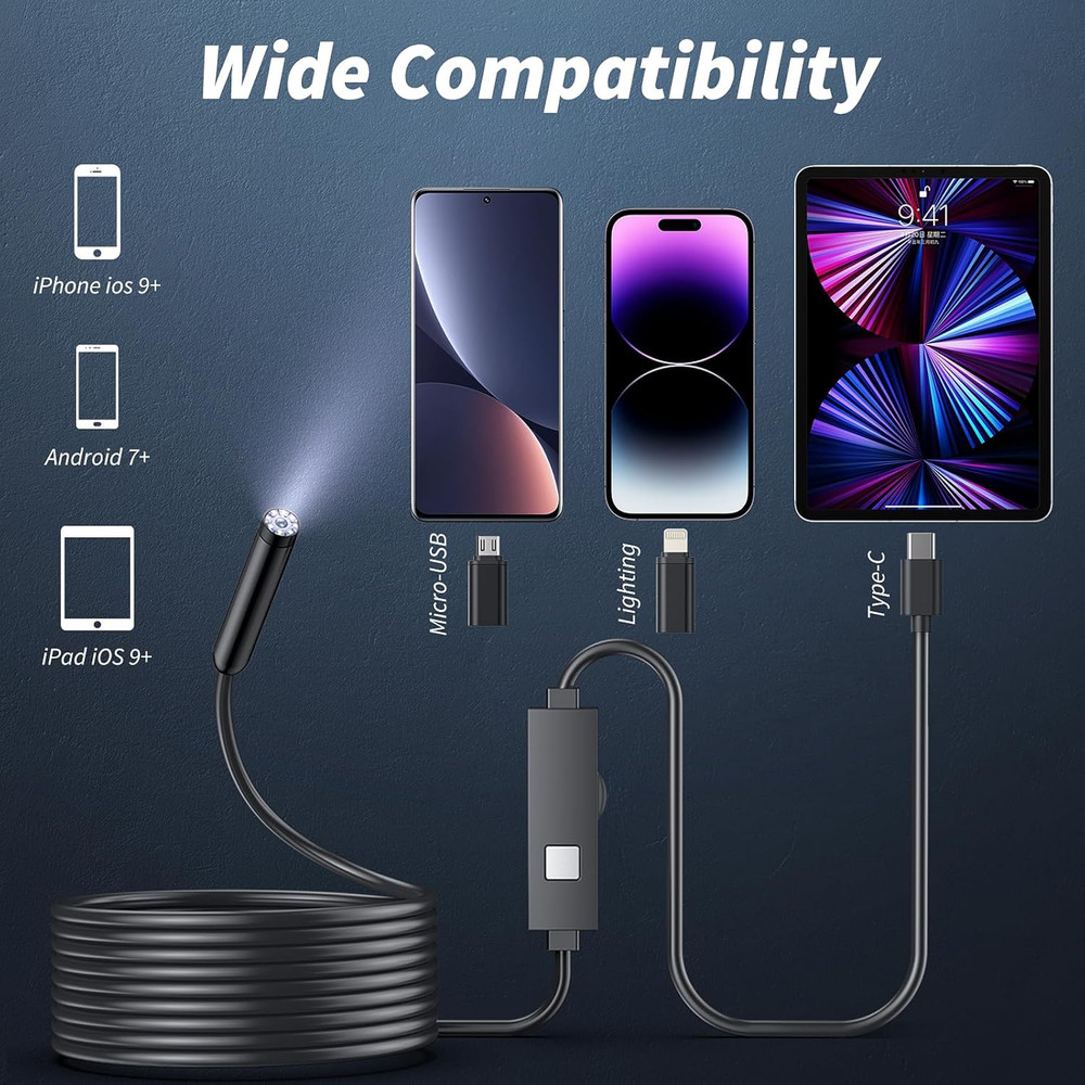 Endoscope Camera with Light, 1920P HD Borescope Tools with 8 Adjustable LED Ligh