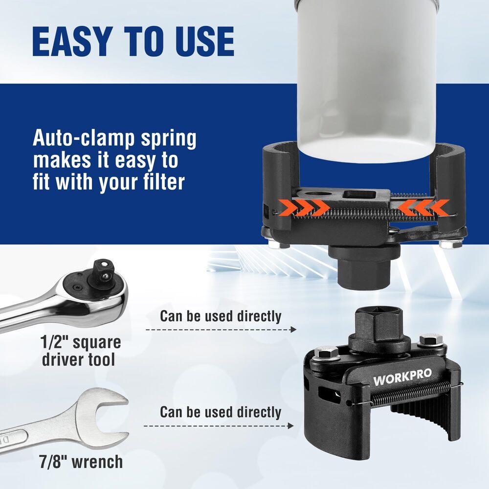 WORKPRO Universal Oil Filter Wrench Adjustable with Auto-Clamp Spring Tool USA