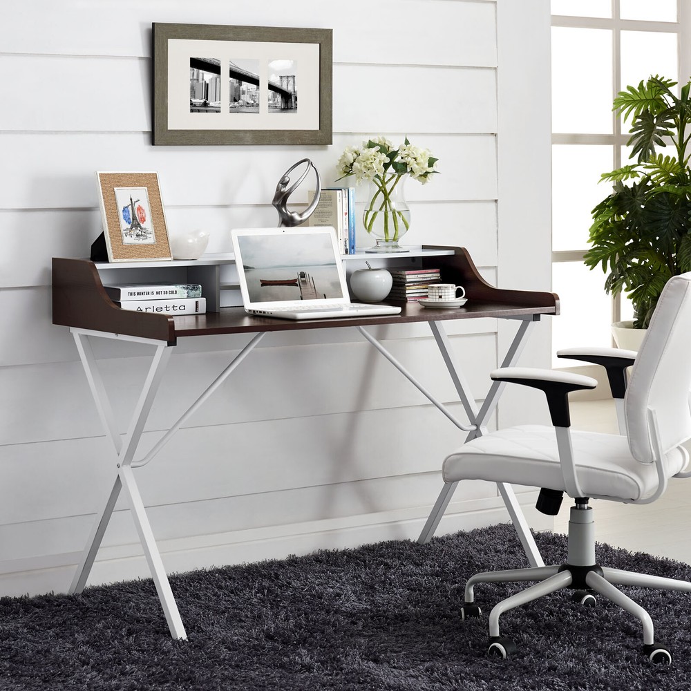 Modway Bin Contemporary Modern Writing Desk With Storage Cubbies in Cherry