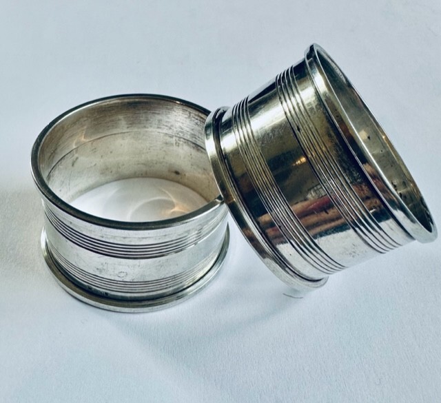 Pr Vintage Antique Solid Silver Engine Turned Art Deco Napkin Rings Table Ware