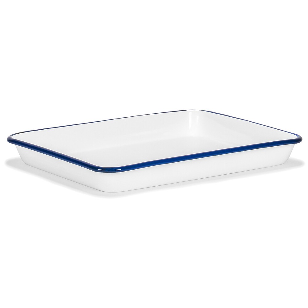11" x 9" Enamelware Metal 2 Qt Rectangular Serving Tray, White/Navy Blue Rim