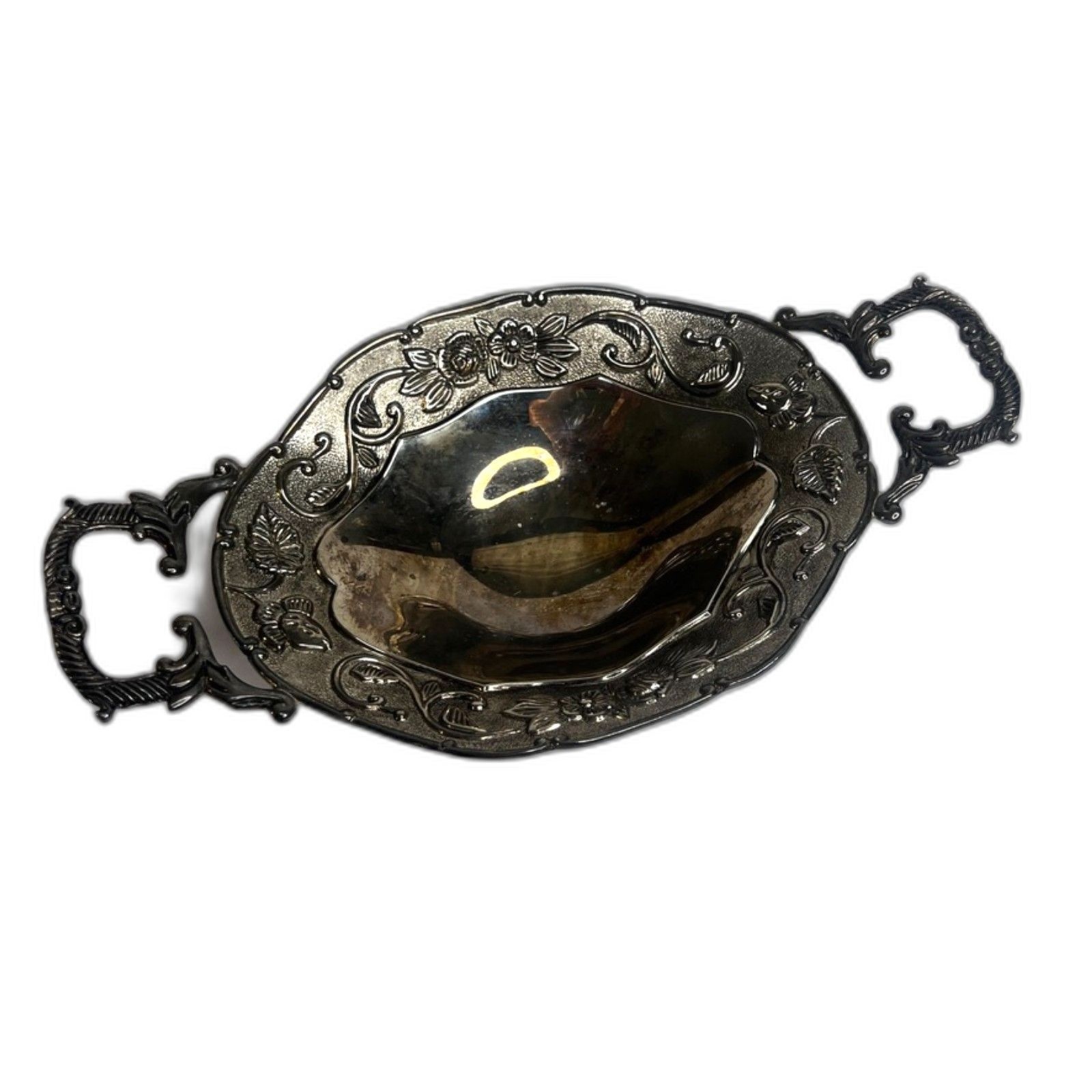 Godinger Silver Art Co Footed Etched Floral Silver Plated Dish Bowl w/ Handles