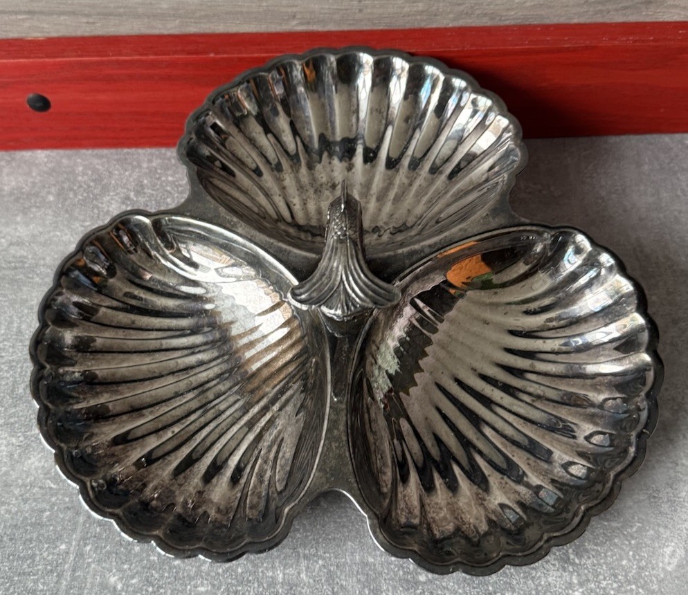 Silver Plated Three Scallop Shell Shaped Serving Dish Center Dolphin Handle