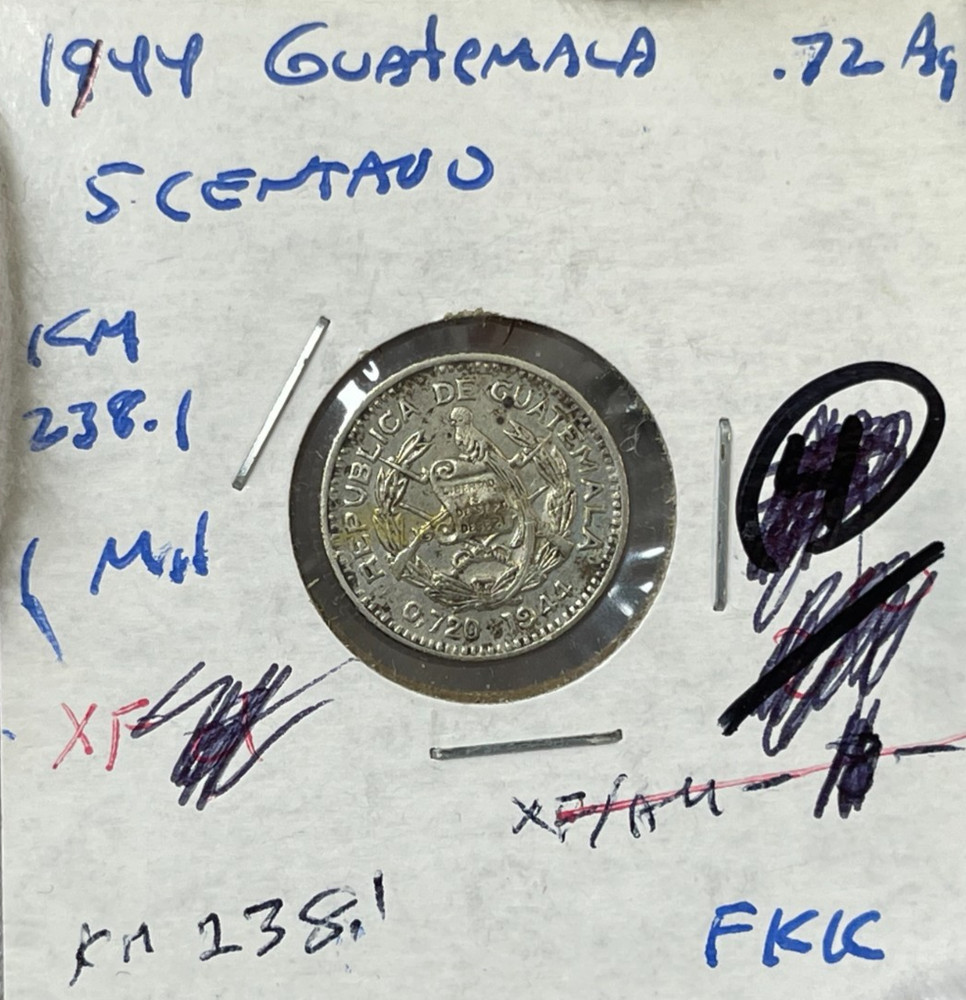 1944 Guatemala 5 Centavos Silver Coin