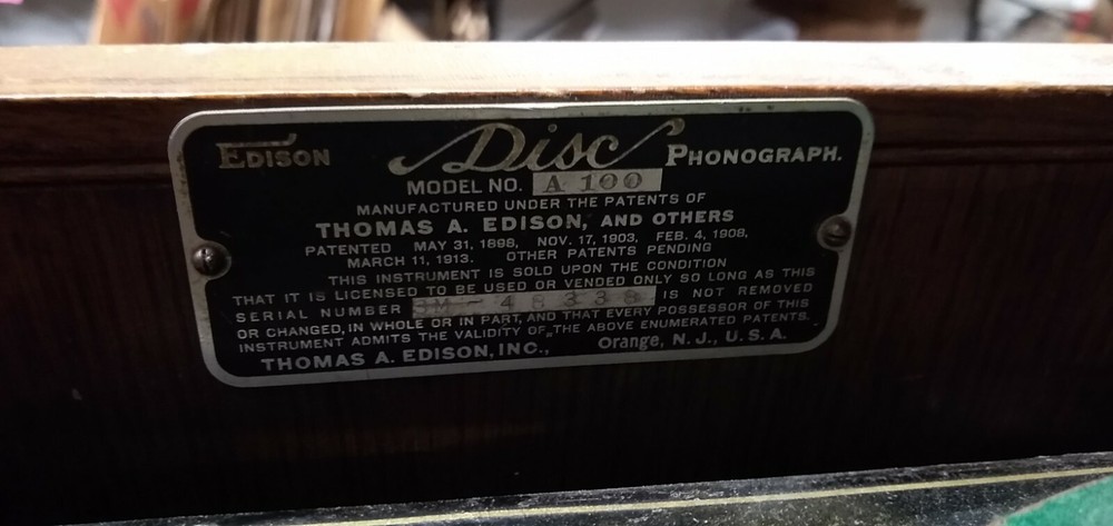 Edison Phonograph Diamond Disc Model A 100 Name Plaque Placard Part TH