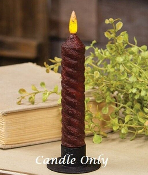 NEW PRIMITIVE BURNT BURGUNDY TIMER TAPER CANDLE TWISTED DESIGN 6.25" LED Flicker