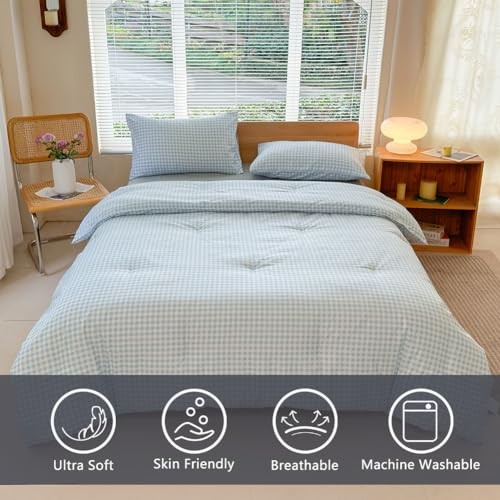 Comforter Set, Light Bedding Comforter Sets, Blue Grid Bed Queen Blue Gingham
