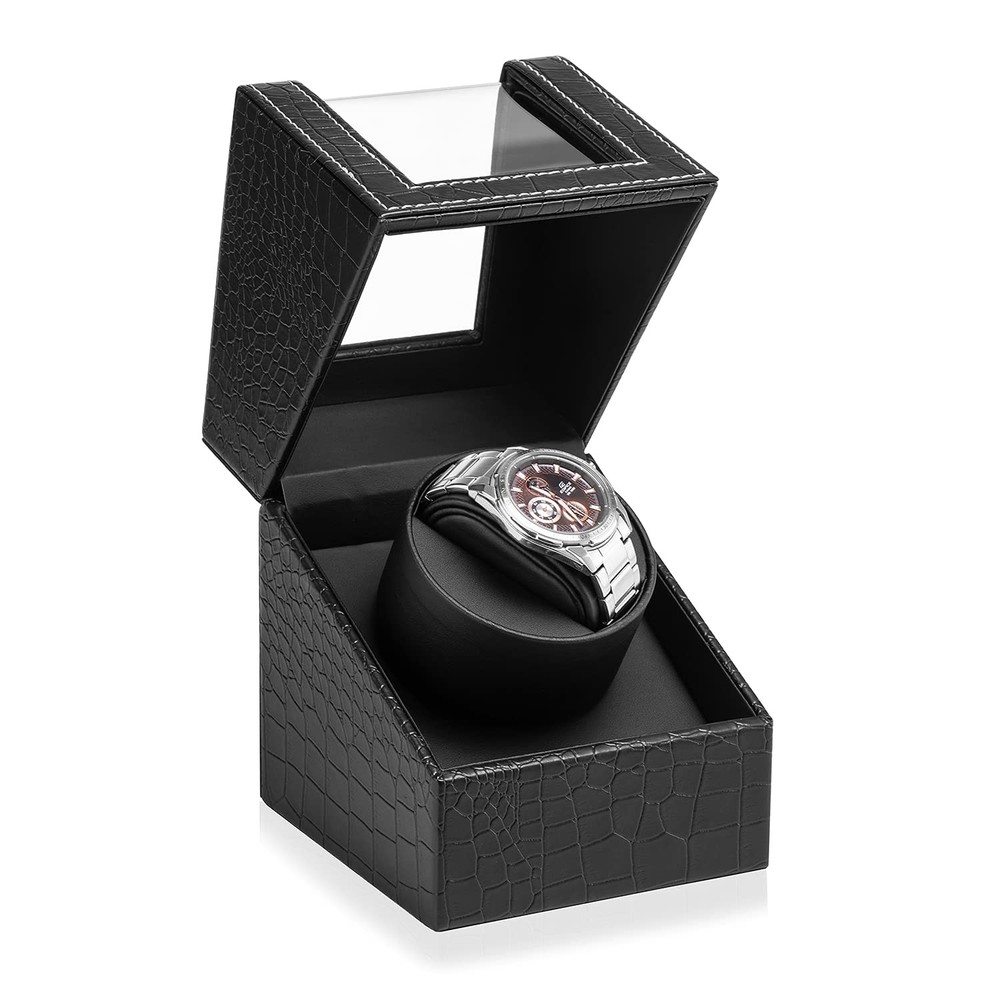 Efaithtek Automatic Single Watch Winder in Black Crocodile Pattern Leather