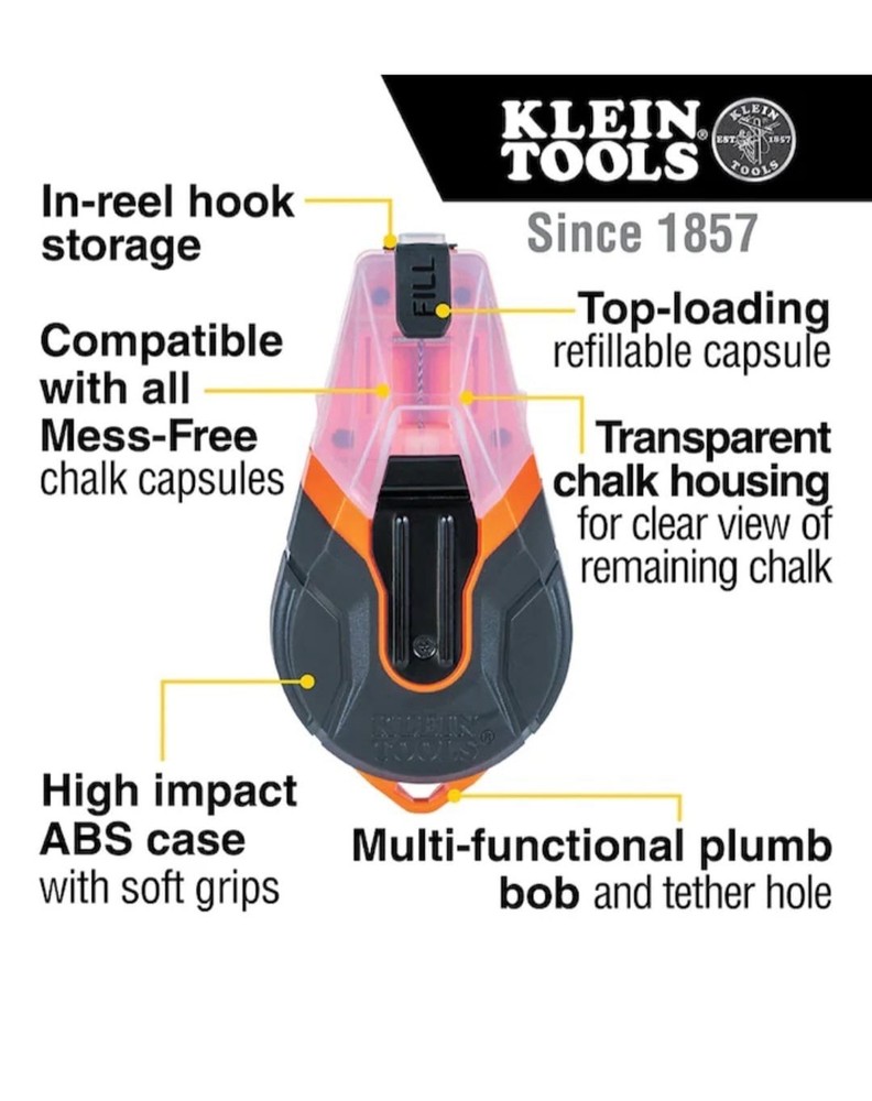 Klein Tools Quick Fill Chalk Line 100ft with Red Capsules, Plumb Bob, ABS Case