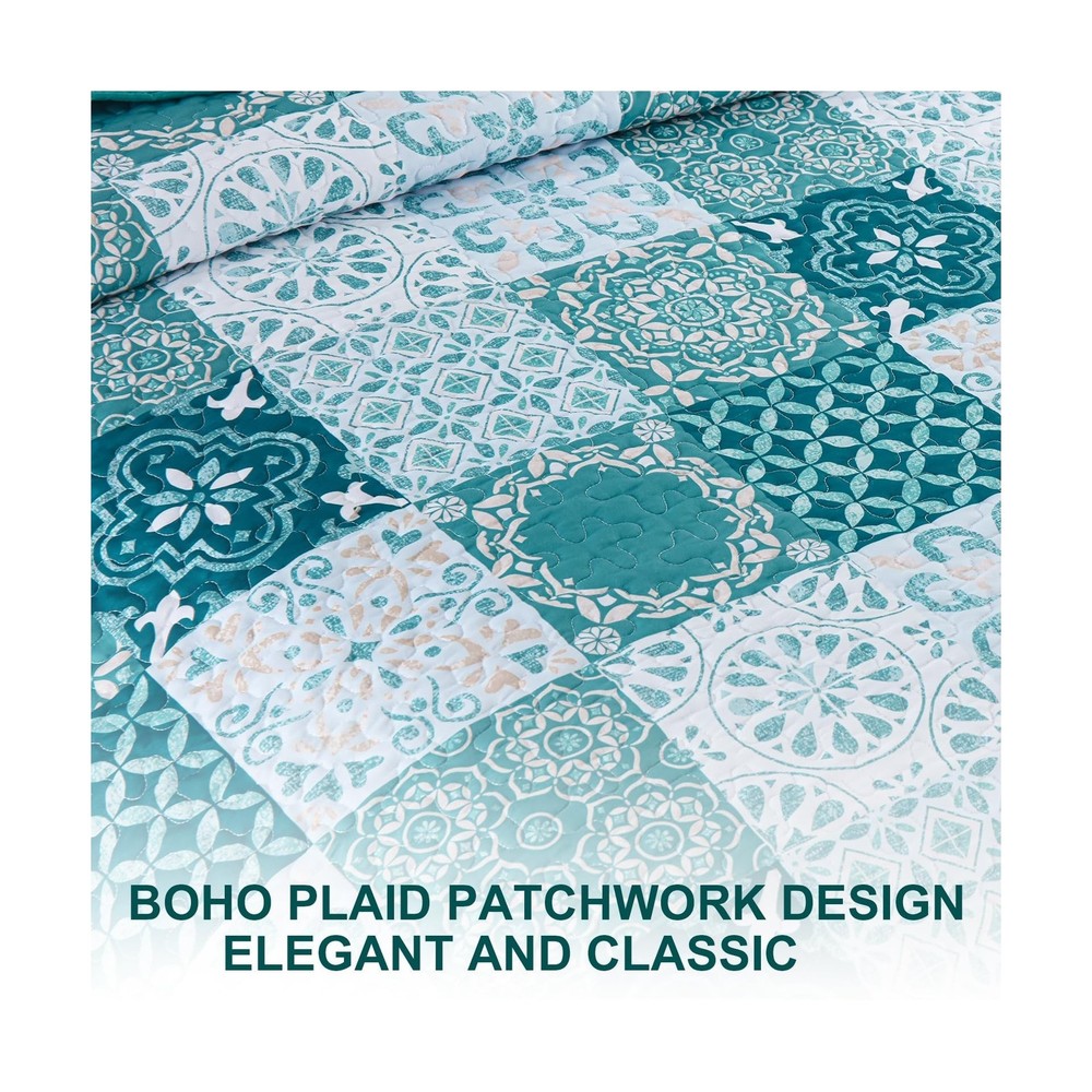Teal Quilt Set Queen Size, Boho Turquoise Plaid Patchwork Bedspread... Fast Ship