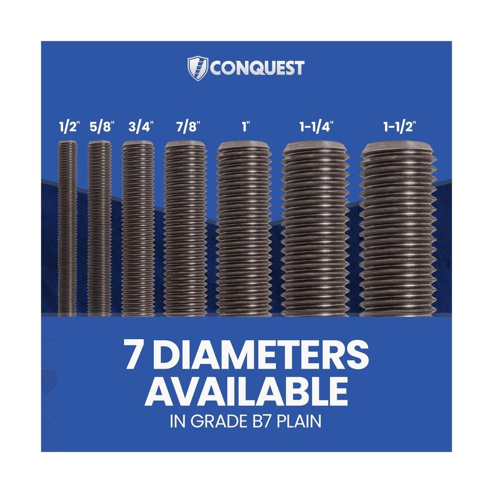 Conquest Fasteners Grade B7 Coarse Fully Threaded Rod, Plain Finish, 1" -8 Th...