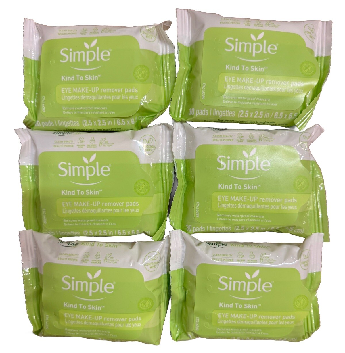 Simple Eye Make-Up Remover Pads 30 Count 2.5” x 2.5” (6 Pack) Sealed