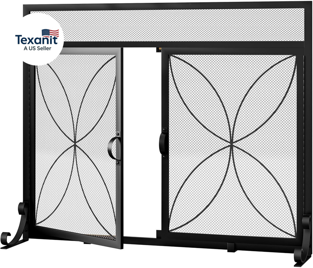 Fireplace Screen with Magnetic Doors,Handcrafted Wrought Iron Classical Scroll D