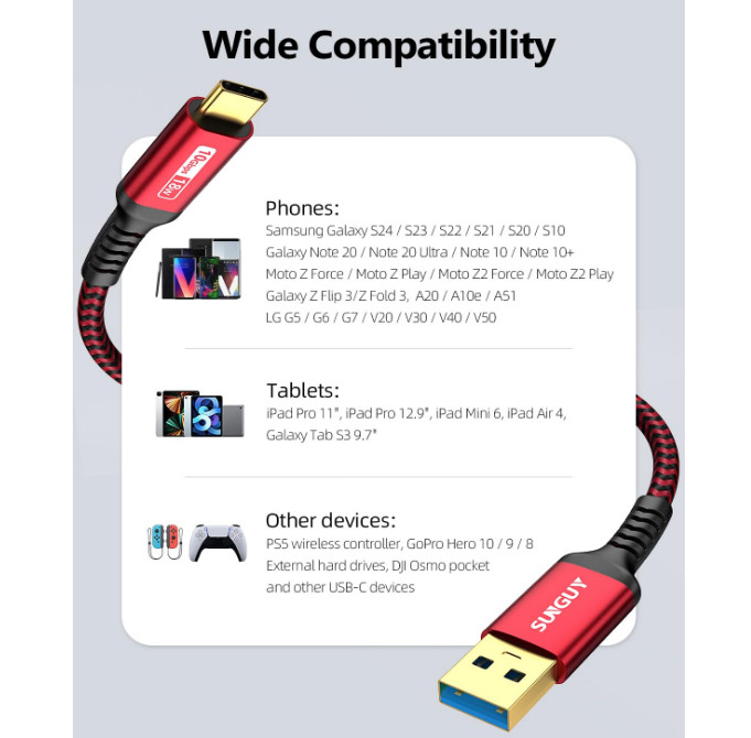SUNGUY 10Gbps Android Auto USB Cable 1FT, 3A USB C 3.1 Gen2 Cable Data Transfer