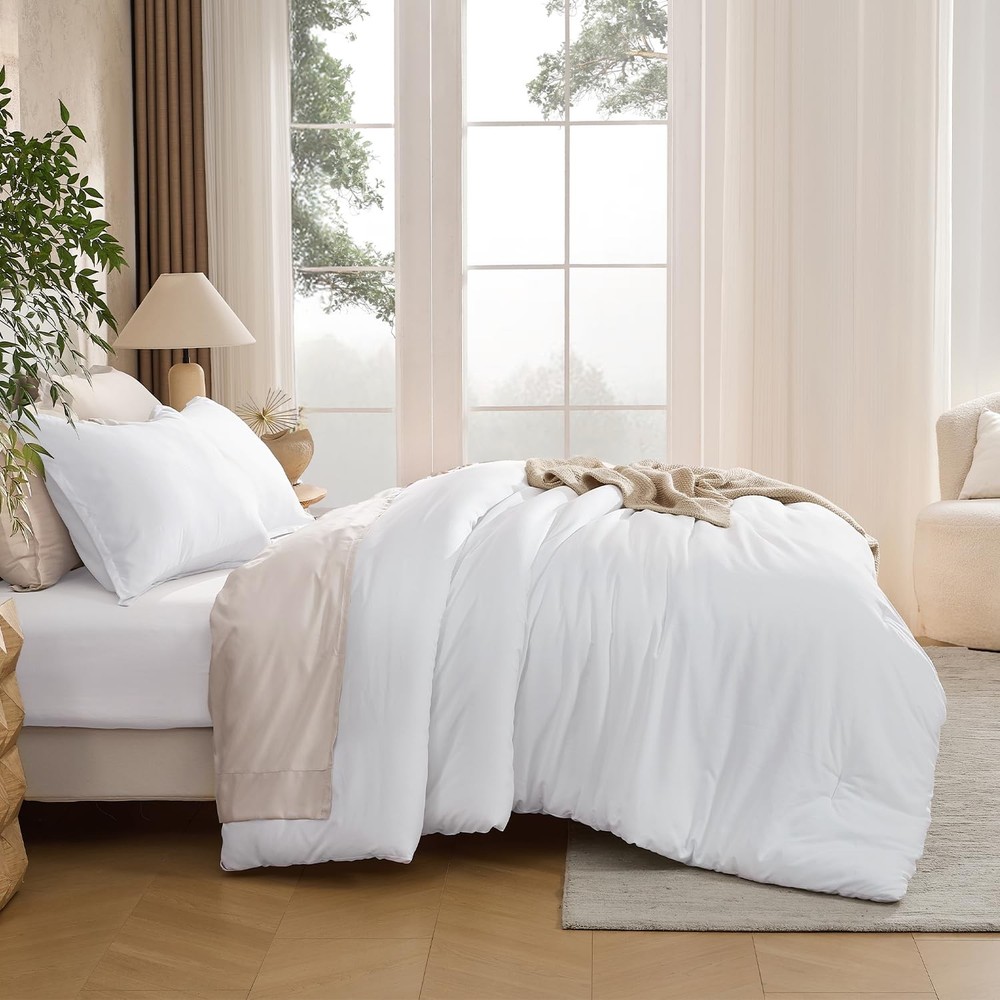 White Queen Size Comforter Set, 3 Pieces Boho Solid Bedding Comforters & Sets, M