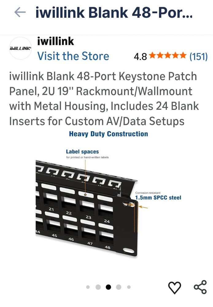 iwillink 48-Port Keystone Patch Panel 2U 19" Rackmount w/ 24 Blank Inserts