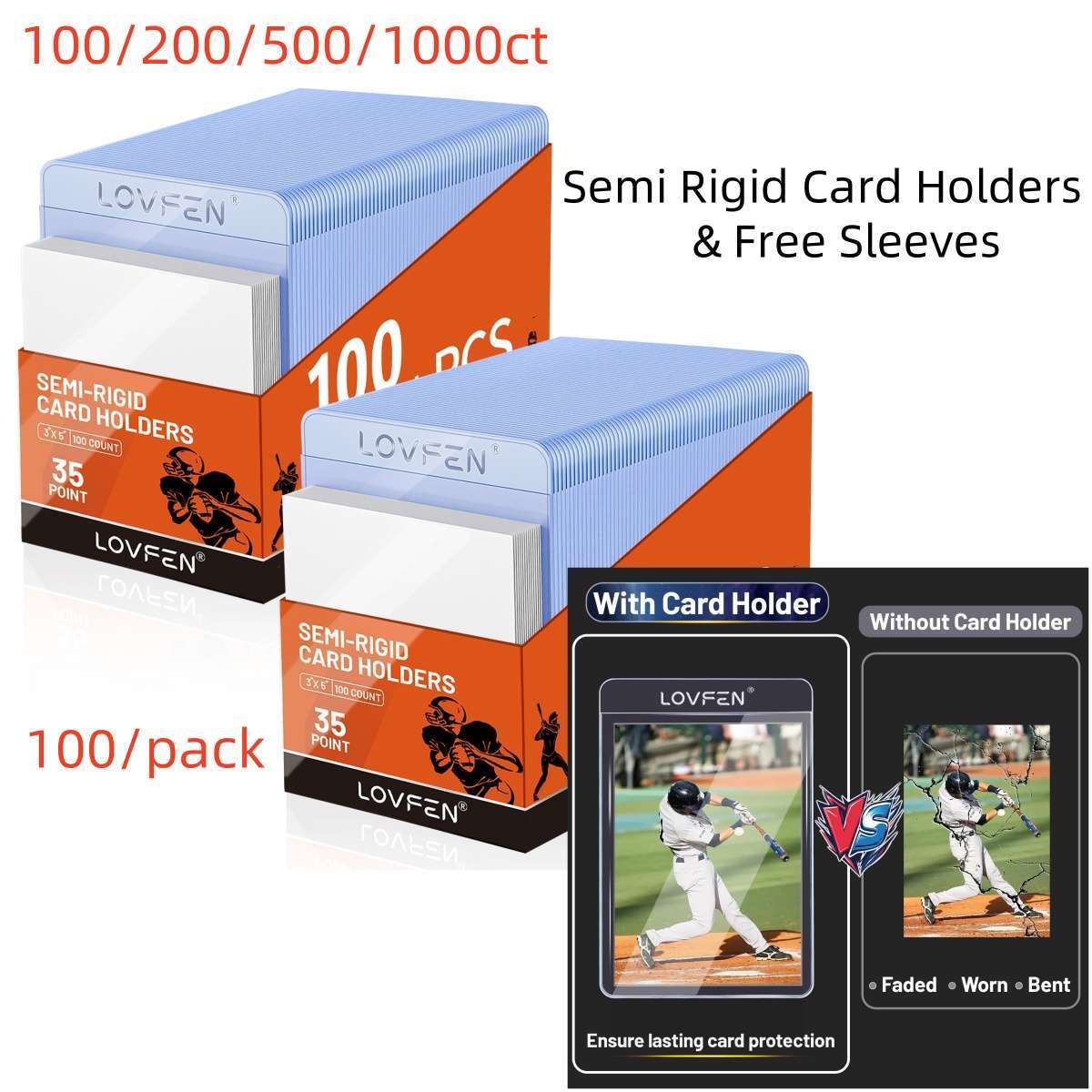 100/200/500/1000CT Semi Rigid Card Holders + Free Sleeves For 35pt Trading Cards