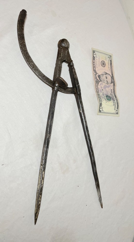 LARGE rare antique 18th century handmade solid wrought iron compass divider tool