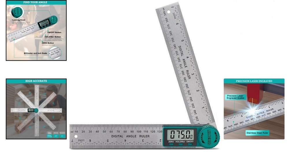 Precision Angle Finder Protractor with Lock & Reverse Functions - 200mm Length