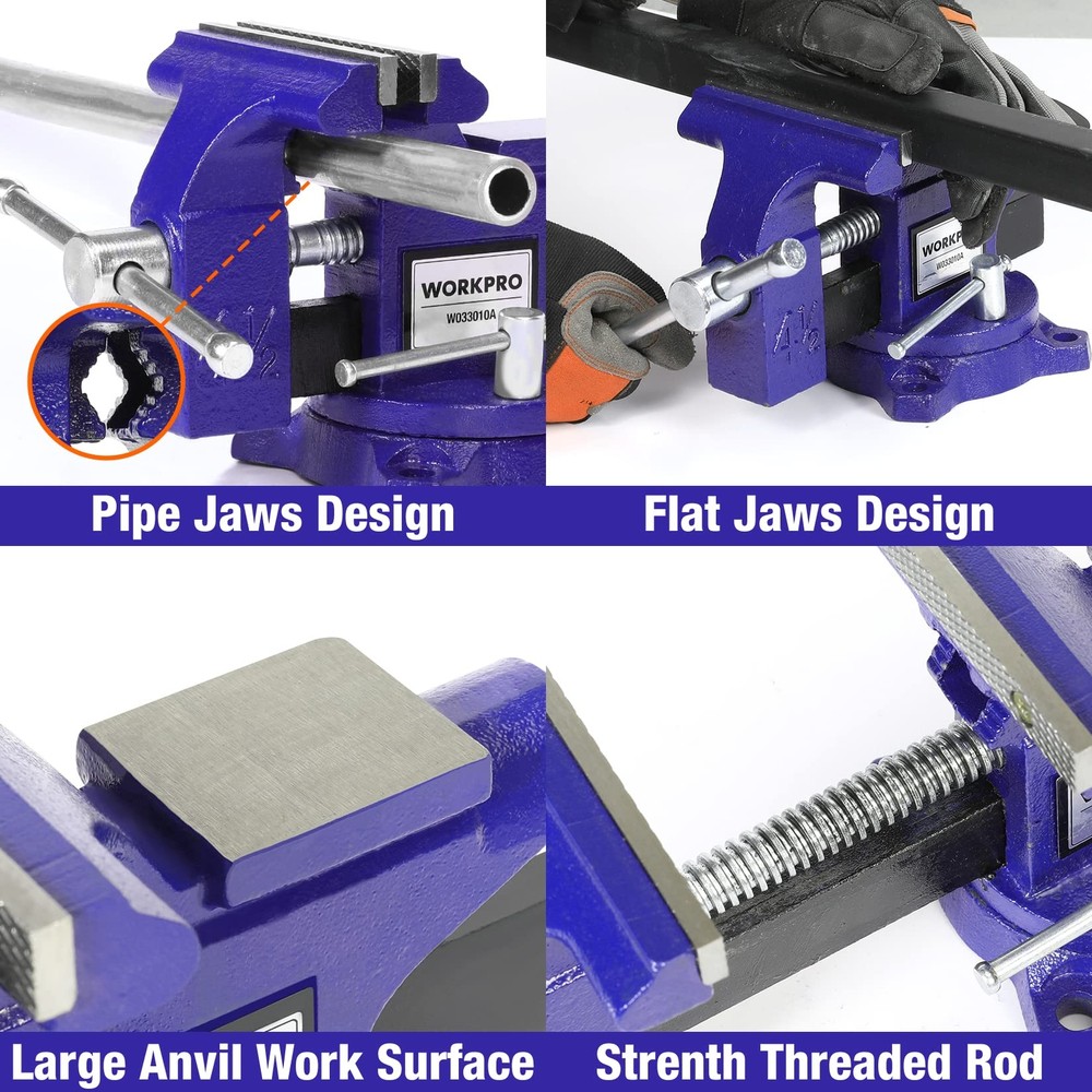 WORKPRO 4-1/2" Bench Vise - Versatile Vice for Workbench, Pipe and Home Projects