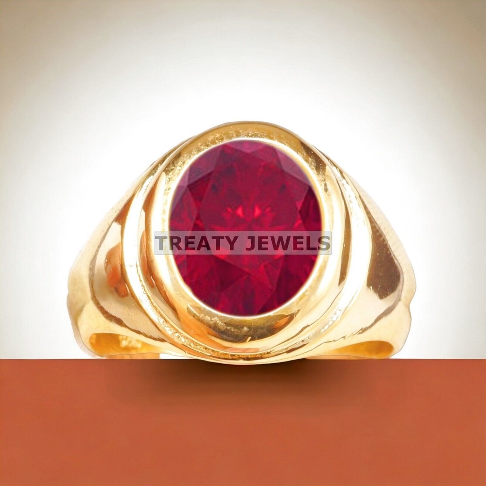Ruby Oval Cut With 14K Solid Yellow Gold Ring For Men's #A515