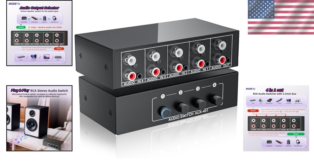 Passive Stereo Audio Switch Box – 4 Inputs and 1 Output, No Power Required