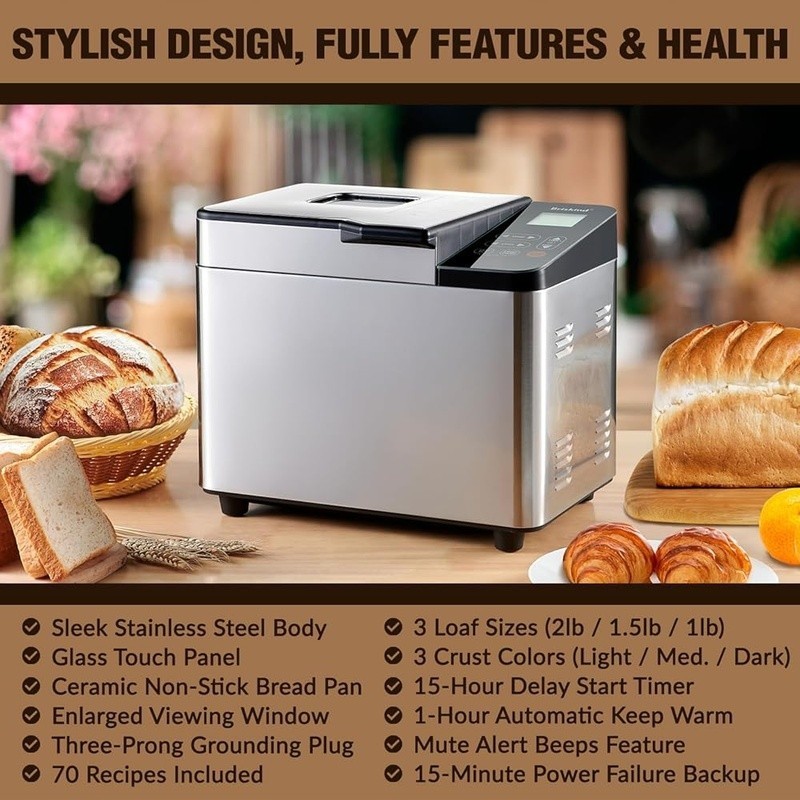 Automatic Bread Maker 2lb Stainless Steel Smart Sensor Non-Stick Loaf Machine US