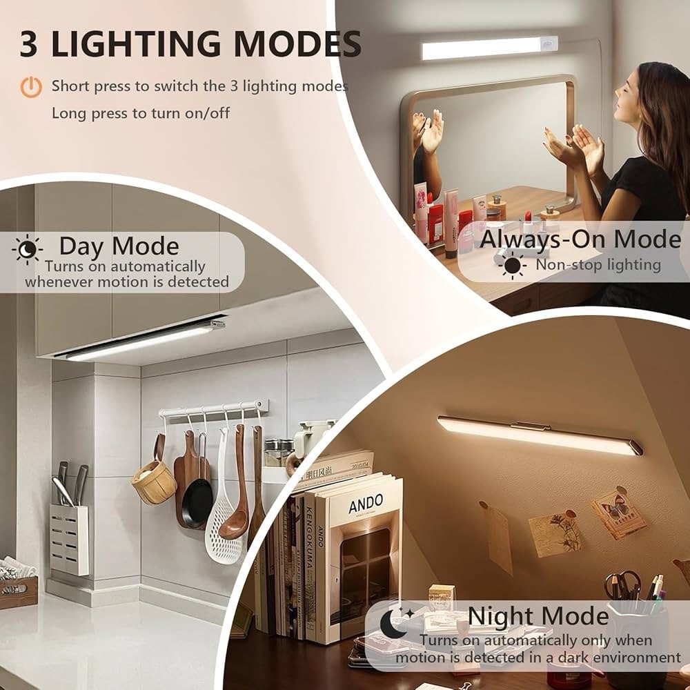 4-Pack LED Under Cabinet Lights, Rechargeable Motion Sensor, 3 Color Dimmable